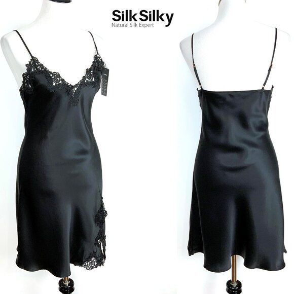New SilkSilky 100% Silk Black Slip Dress Adjustible Straps Sz M - Picture 2 of 16